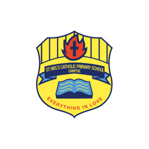 School crest for St. Mel's Catholic Primary School, Campsie, featuring a flame, cross, book, and motto
