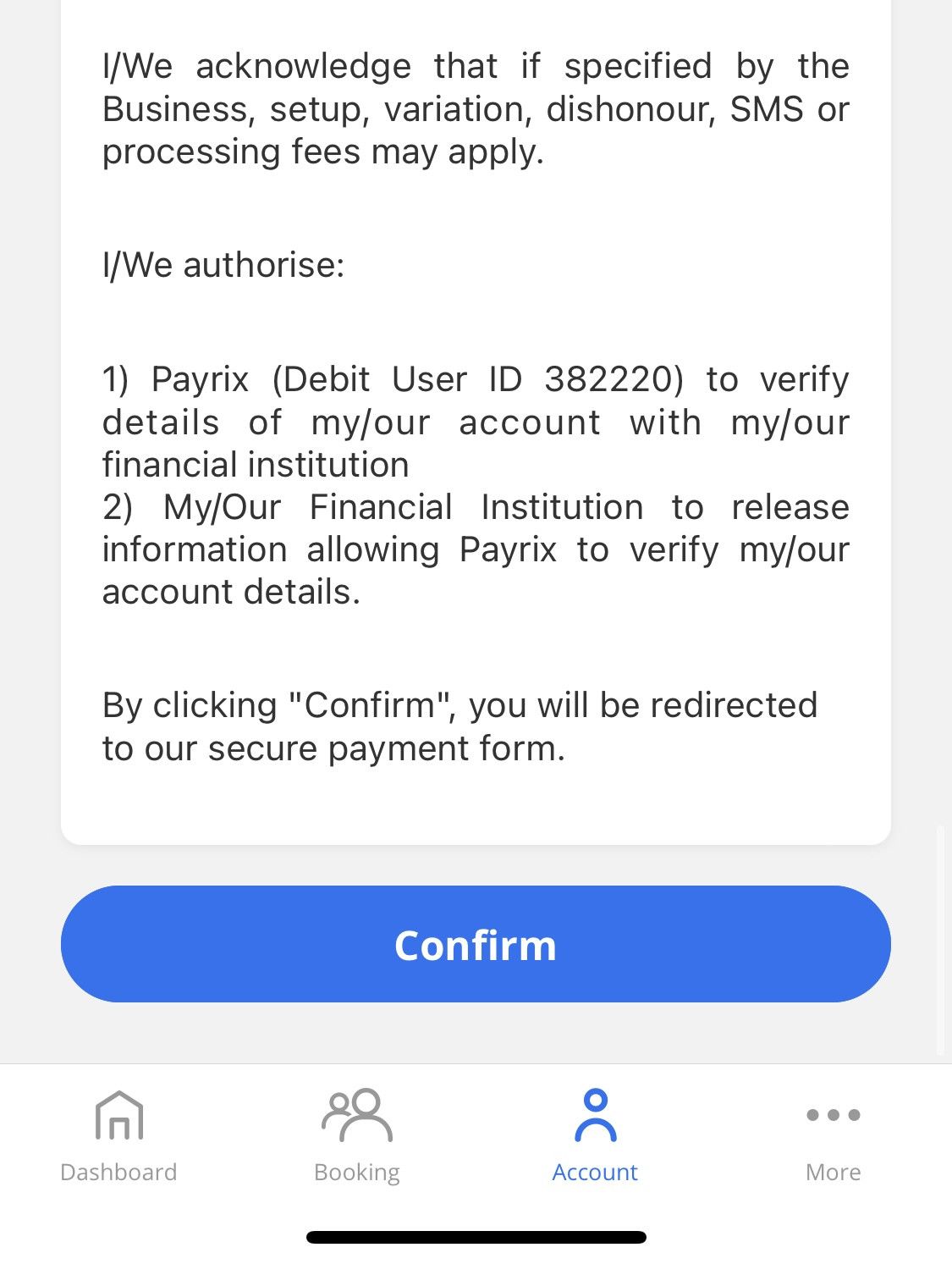 Payment authorization form with text, a confirm button, and app navigation.