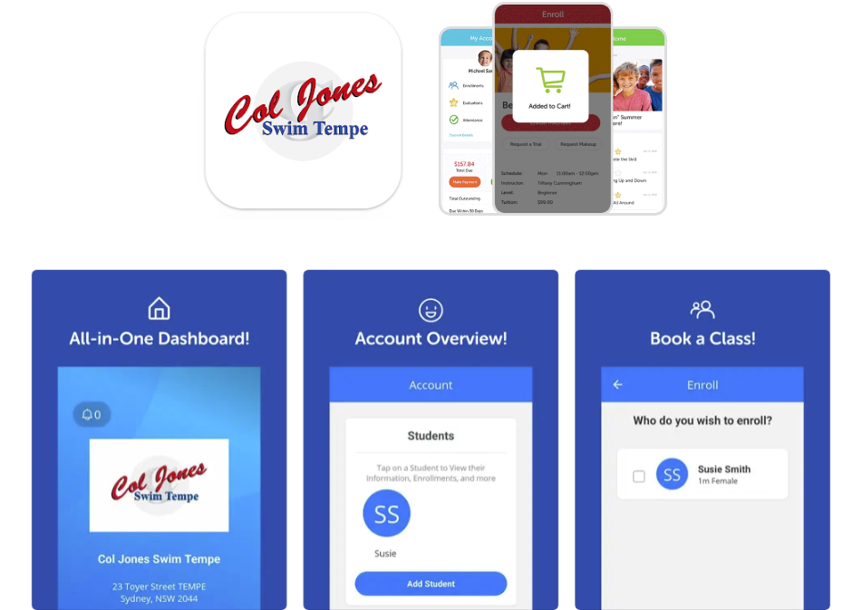App screens: Logo, all-in-one dashboard, account overview, booking a class.