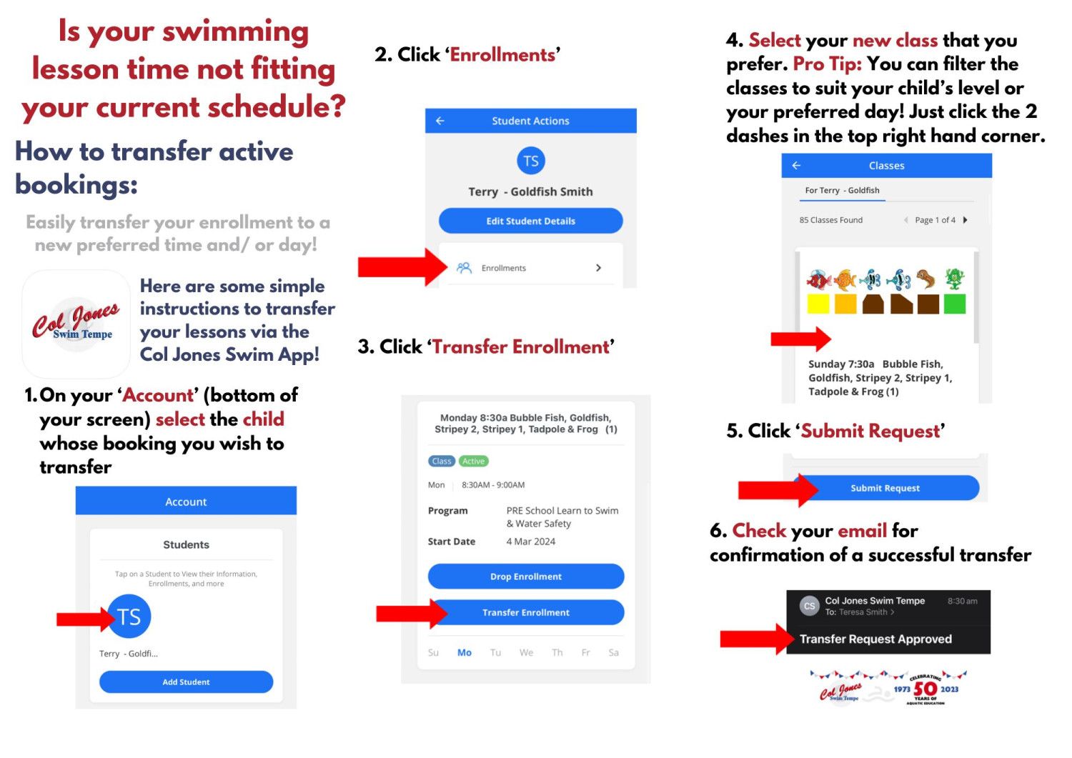 Instructions on transferring swimming lesson bookings via the Goldfish Swim App.