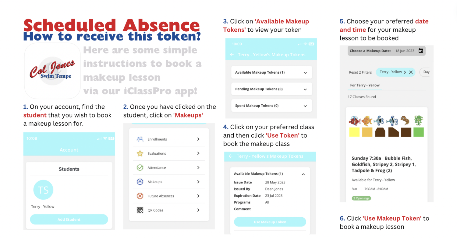 Instructions for booking a makeup lesson. Text over screenshots of an app.