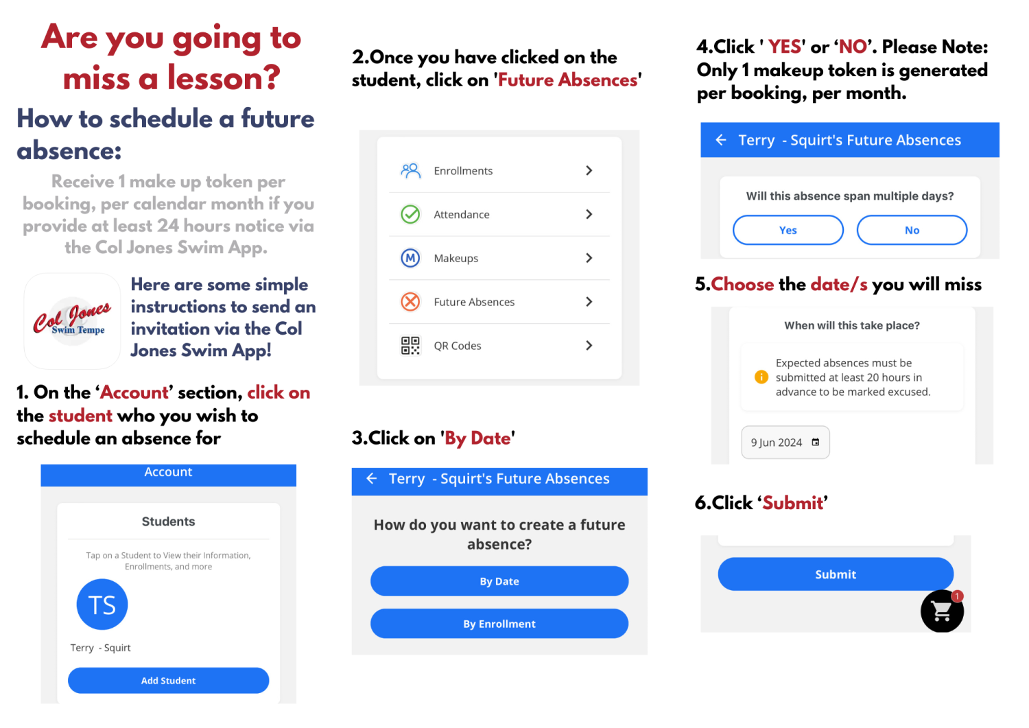 Instructions for scheduling a future absence, with a step-by-step guide.