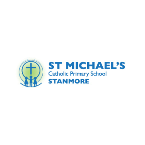 Logo for St Michael's Catholic Primary School Stanmore, featuring a cross inside a circle with people silhouettes.