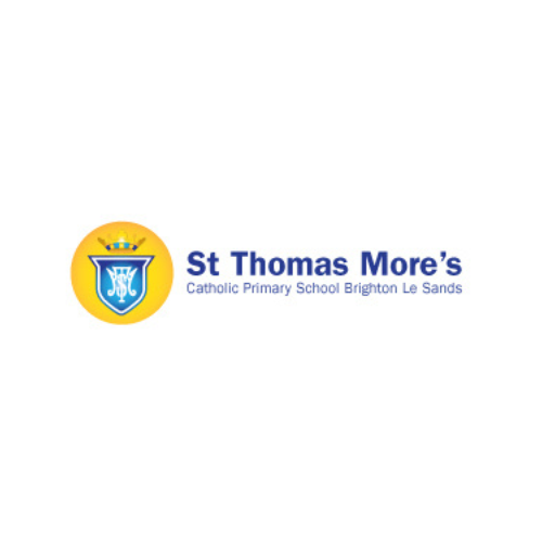 St Thomas More's Catholic Primary School logo: Blue and gold shield with text