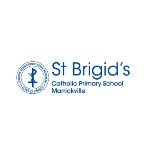 St Brigid's Catholic Primary School logo. Blue text on white background.