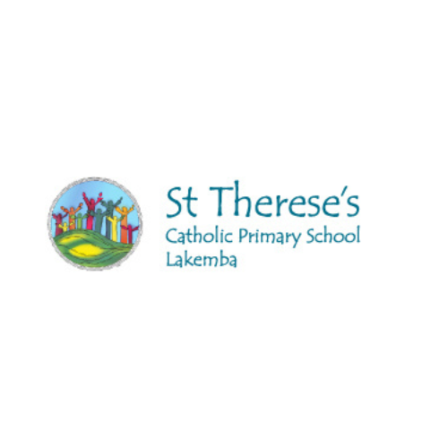 St Therese's Catholic Primary School Lakemba logo: children on a hill with arms raised, blue, green, and white.