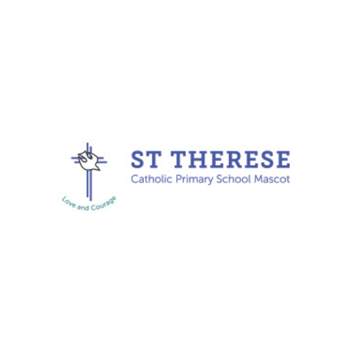 St Therese Catholic Primary School logo with cross and hand symbol, text in blue.