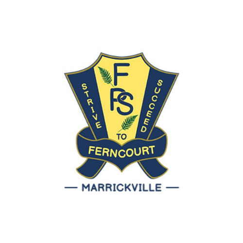 School crest for Ferncourt, Marrickville. Yellow shield with blue trim, fern leaves, and