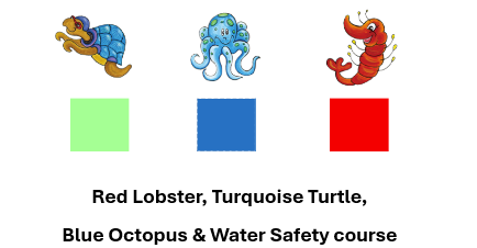 A turtle, an octopus, and a shrimp above green, blue, and red squares, with text listing colors for a water safety course.