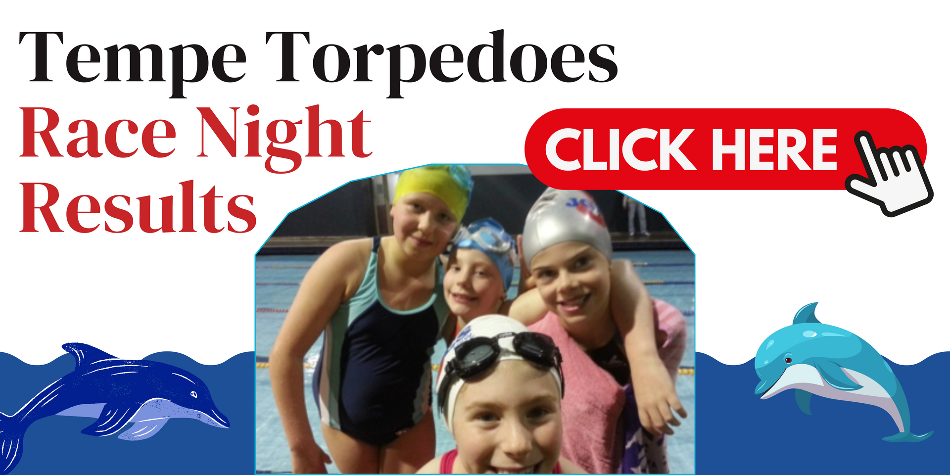 Tempe Torpedoes race night results.  Kids in swim caps and a button that says 