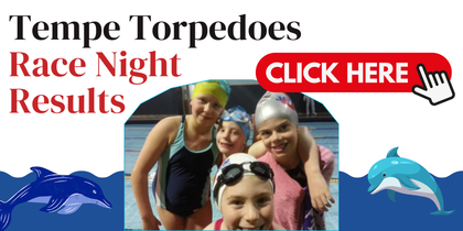 Tempe Torpedoes race night results. Kids in swim caps and a button that says