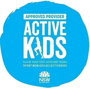 Blue circle featuring the NSW Active Kids Approved Provider logo, text, and instructions to claim a $100 voucher.