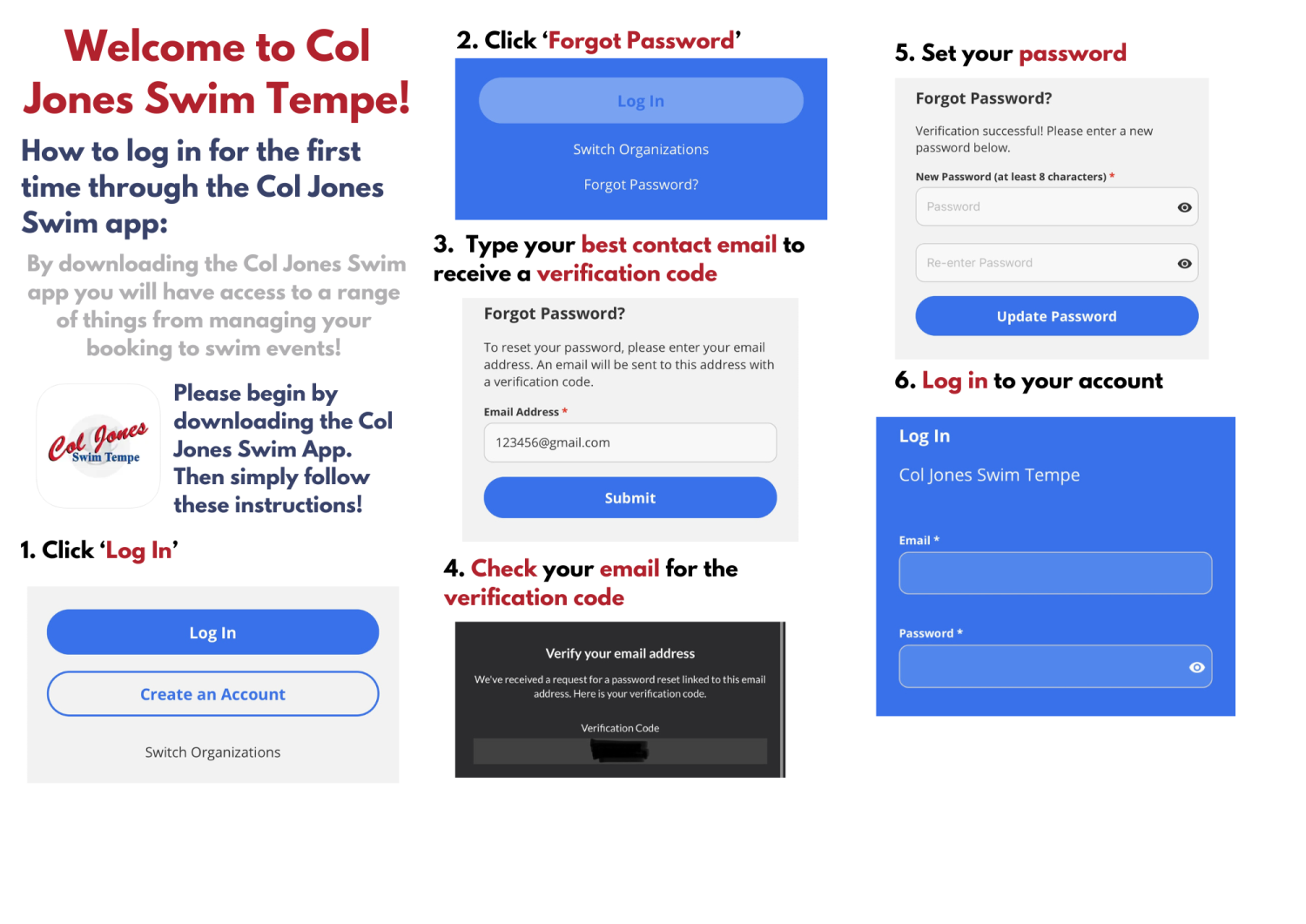 Instructions for logging into the Col Jones Swim app: steps include clicking login, forgot password, and setting a password.