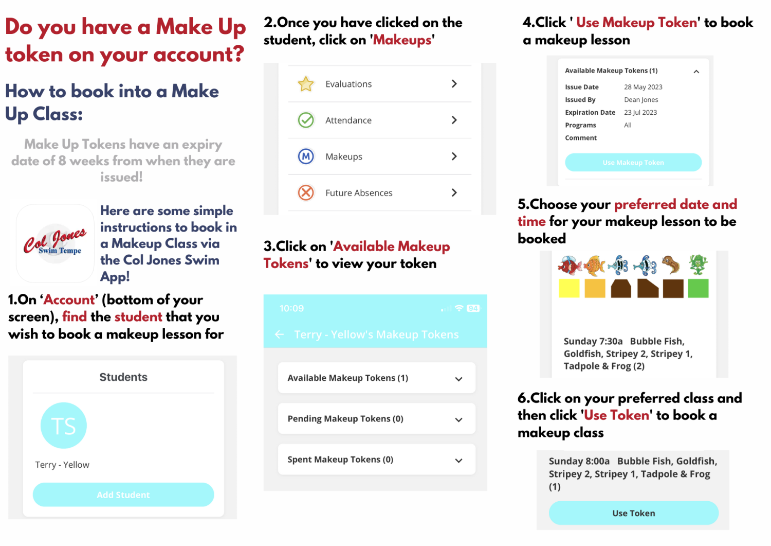 Instructions for booking a makeup class using a token on the Cal J Swim App.