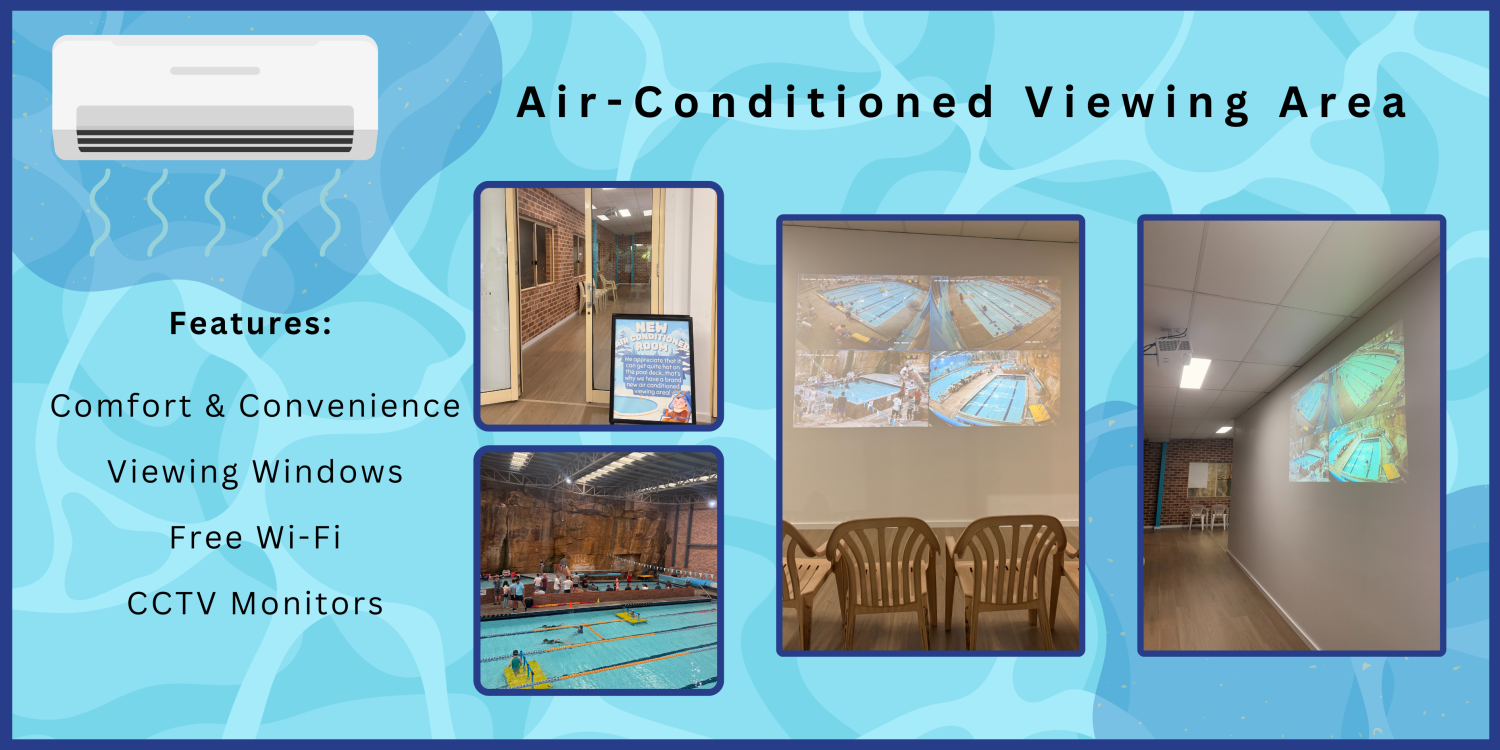 Air-conditioned viewing area with comfort features: windows, Wi-Fi, CCTV monitors. Includes pool & lounge views.