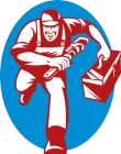 A man is running with a toolbox and a wrench