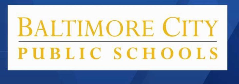 Baltimore City Public Schools logo on a blue background. The words are in gold.
