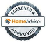 HomeAdvisor screened and approved badge with gray seal and orange house logo