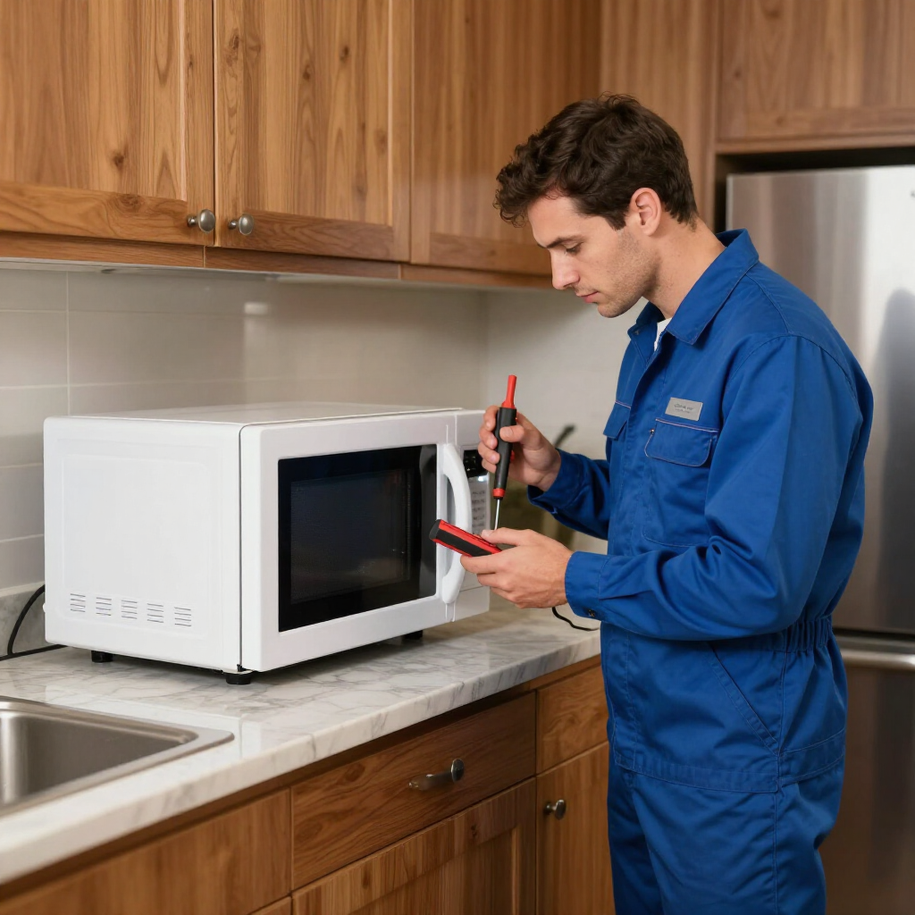 A service technician in a blue uniform testing a white microwave on a kitchen counter with a multimeter.