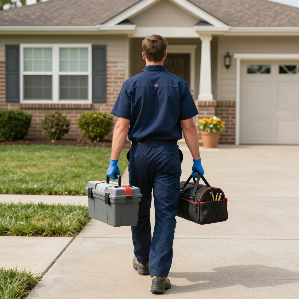 A professional in a navy uniform walks toward a suburban home, carrying a grey toolbox and a black tool bag.