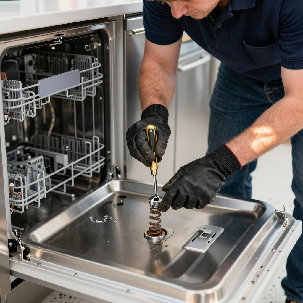 A technician in gloves uses a screwdriver to repair a metal spring component inside an open dishwasher.