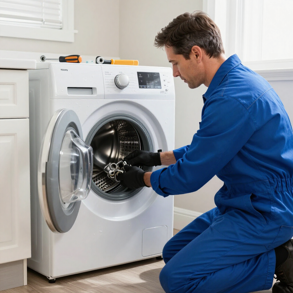A person wearing a blue work shirt turning the dial on a grey washing machine control panel.