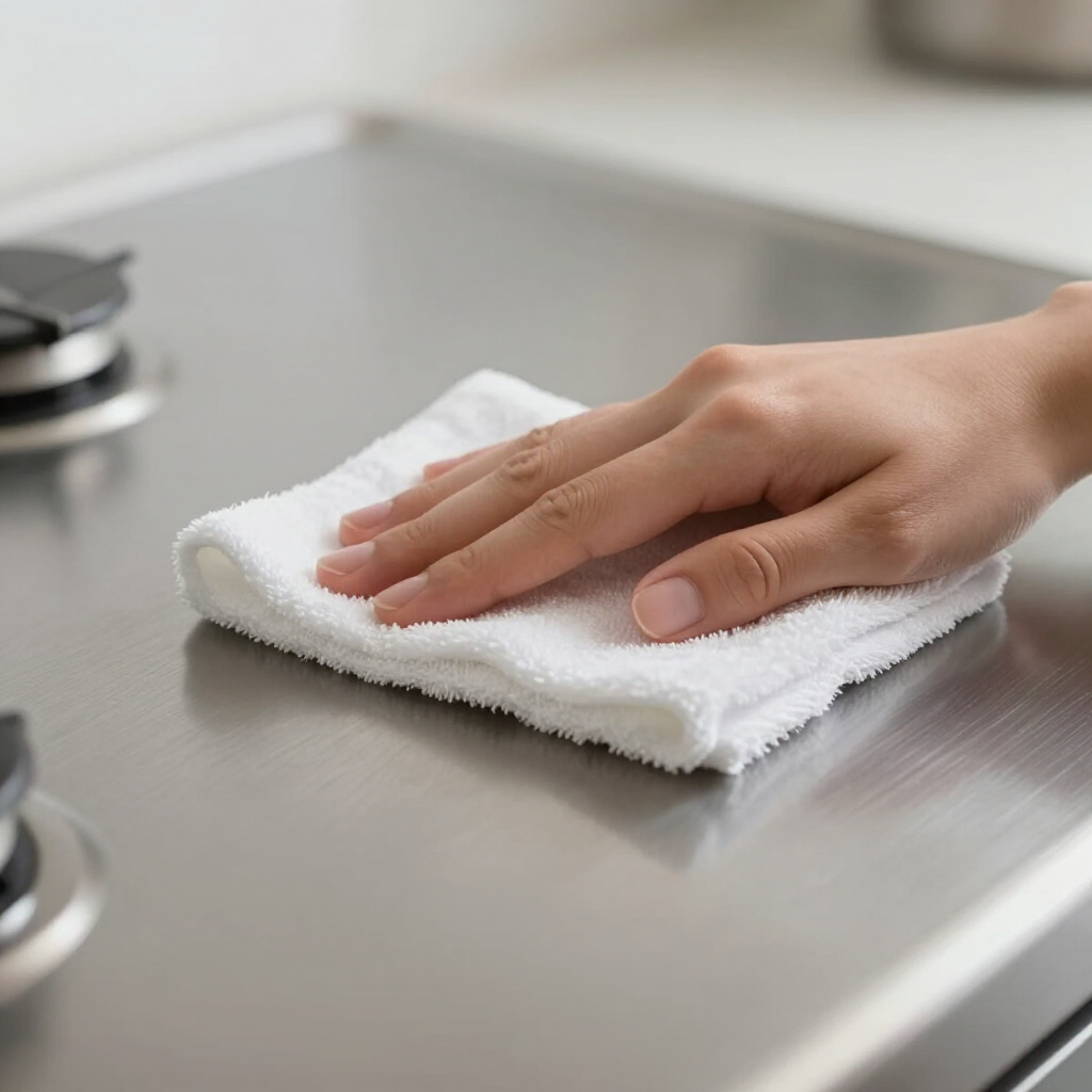 A hand uses a white cloth to wipe down a stainless steel stovetop.
