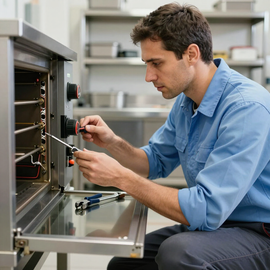 A service technician in a blue shirt uses a screwdriver to repair a commercial oven in a professional kitchen.