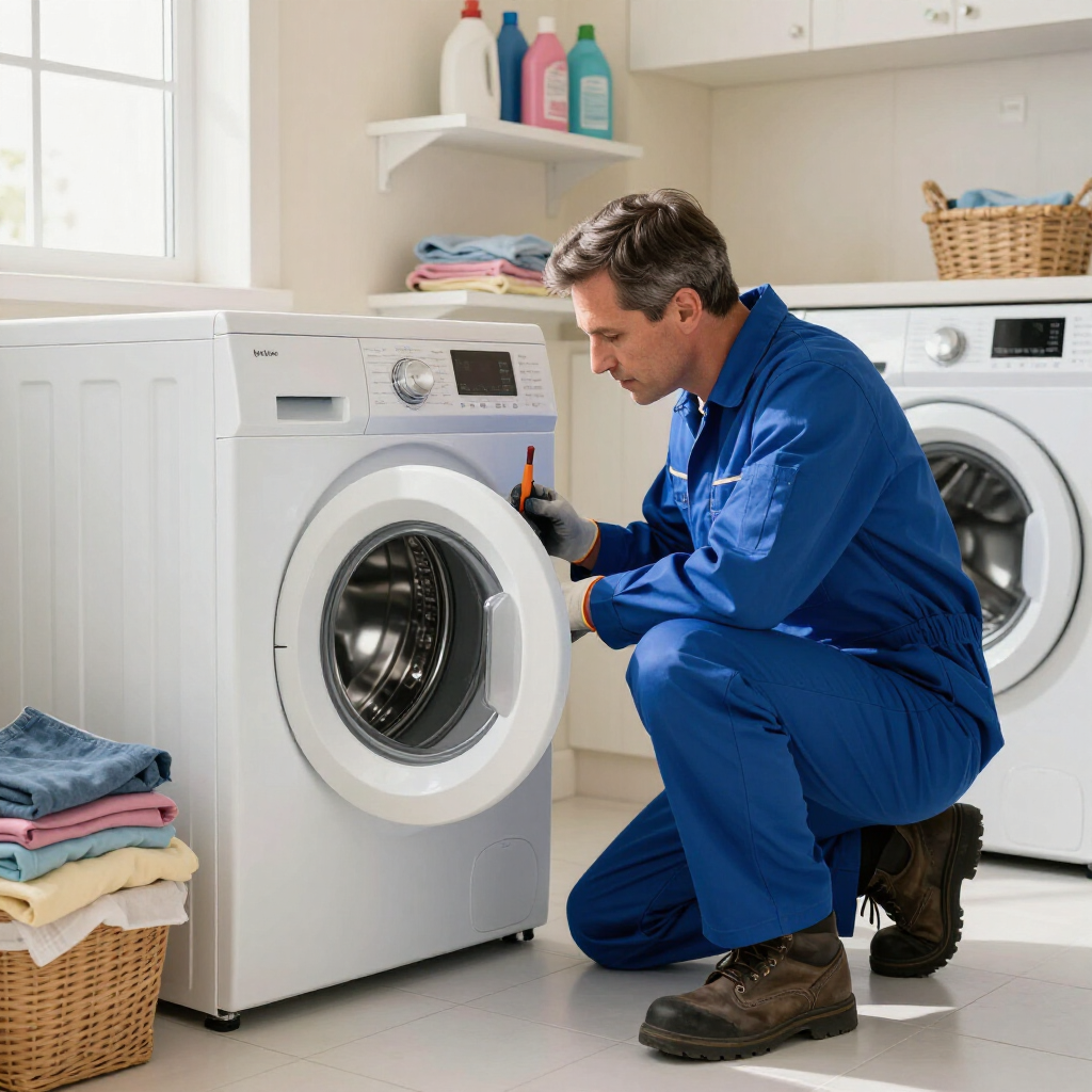 A technician in blue coveralls kneels while repairing a white washing machine in a laundry room.