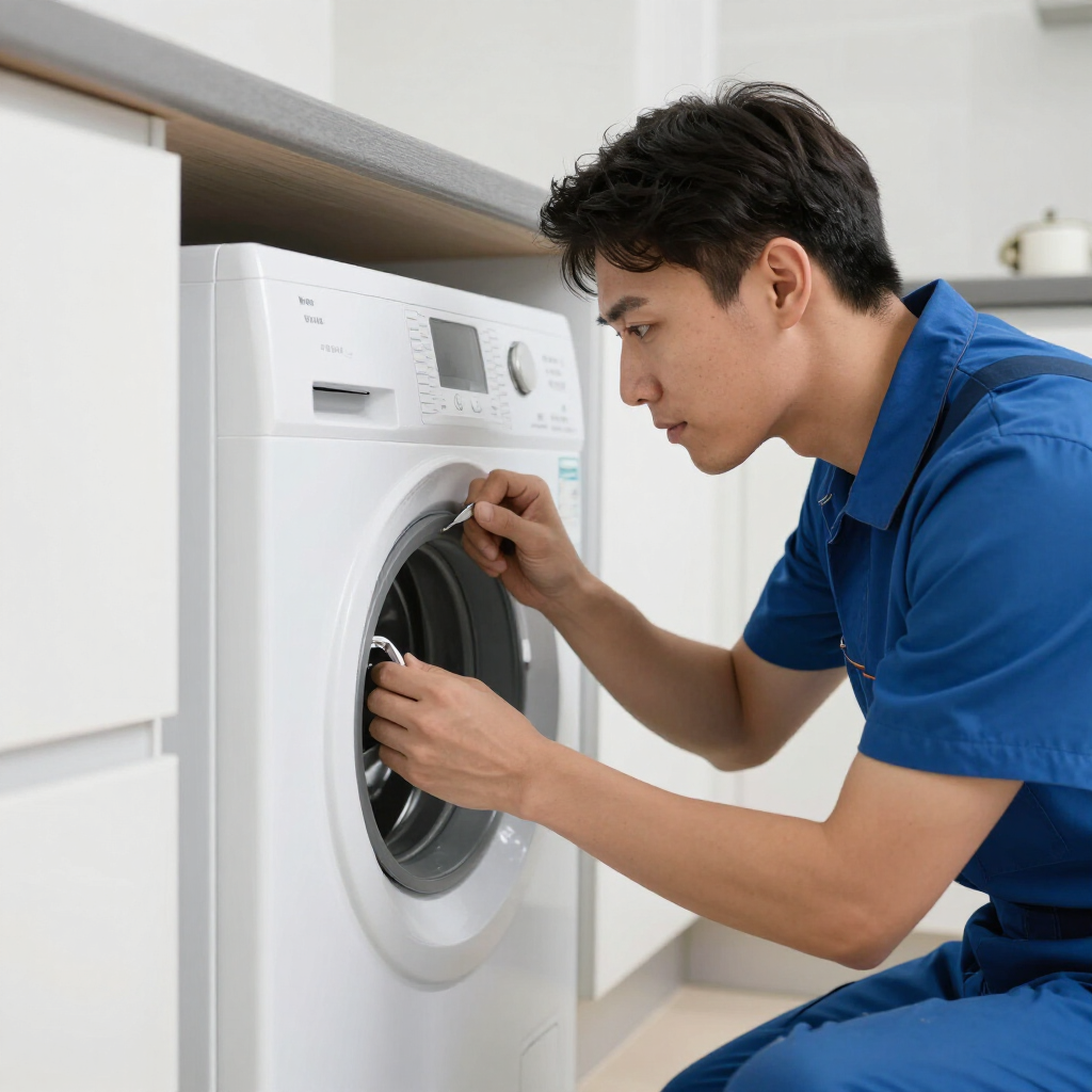 A repair technician in a blue uniform kneels to inspect and fix the gasket of a white washing machine.
