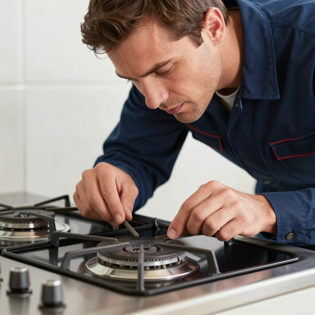 A technician in a blue uniform inspecting the burner of a stainless steel gas stovetop.