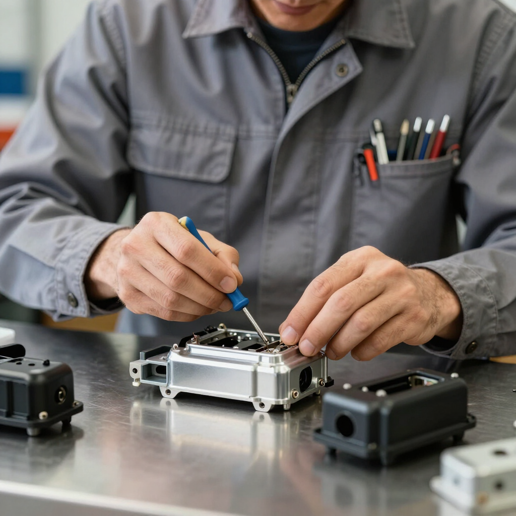 A person in a gray work shirt uses a small screwdriver to repair a metallic electronic component on a workbench.