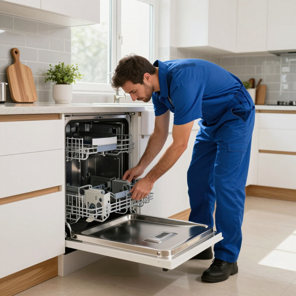 A person in a blue uniform repairing an open dishwasher in a modern, light-filled kitchen.