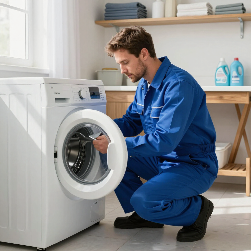 A professional technician in a blue uniform kneels to repair a white washing machine in a bright laundry room.