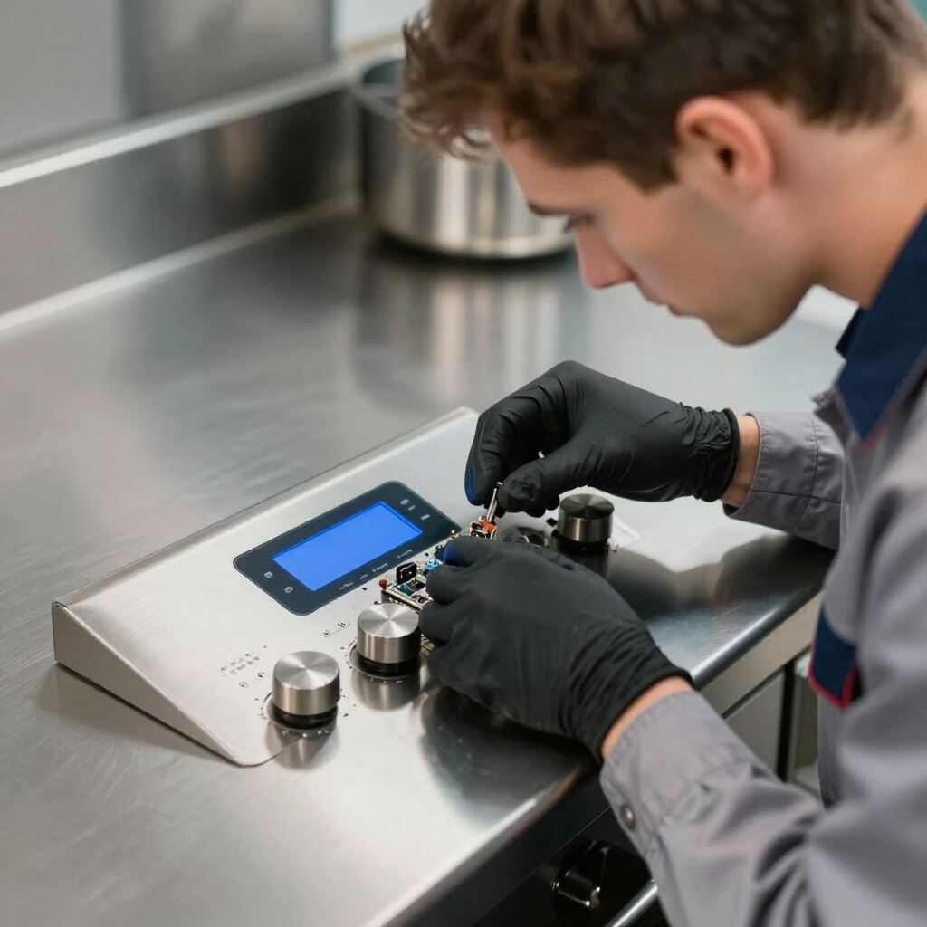 A person wearing black gloves carefully assembles components on a digital control panel atop a metallic surface.