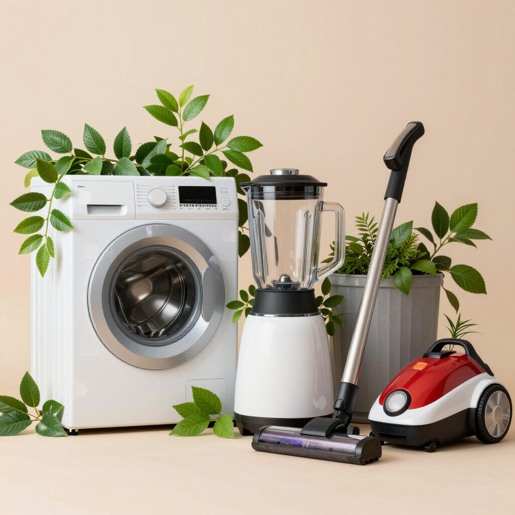 A white washing machine, a blender, and a red vacuum cleaner with leafy plants arranged on a light background.