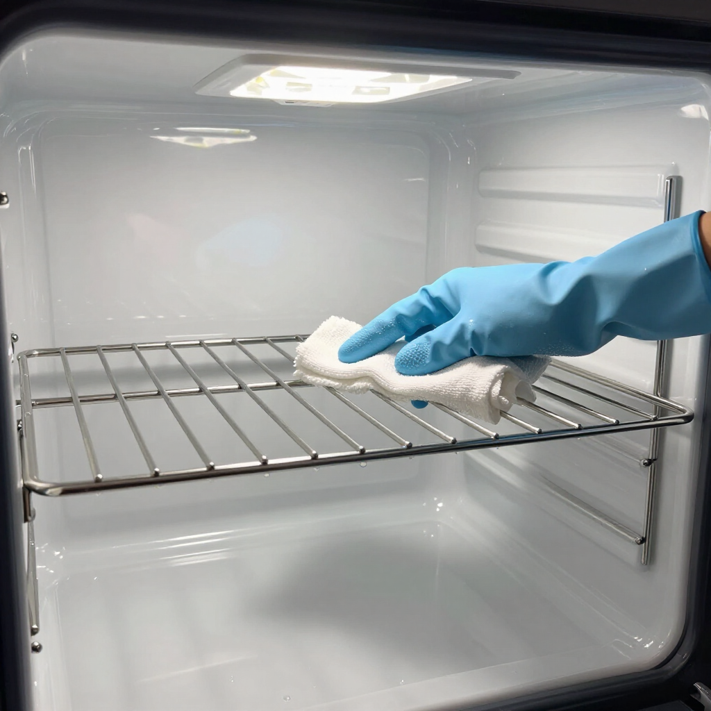 A hand in a blue rubber glove uses a white cloth to wipe down the wire shelf of a clean, empty white refrigerator.