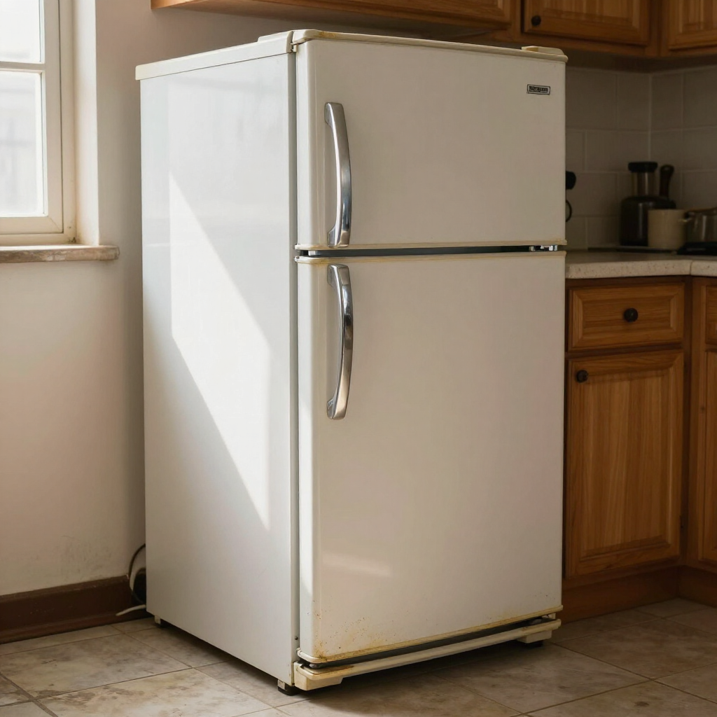 A white, top-freezer refrigerator with chrome handles stands on a tiled floor in a kitchen with wooden cabinets.