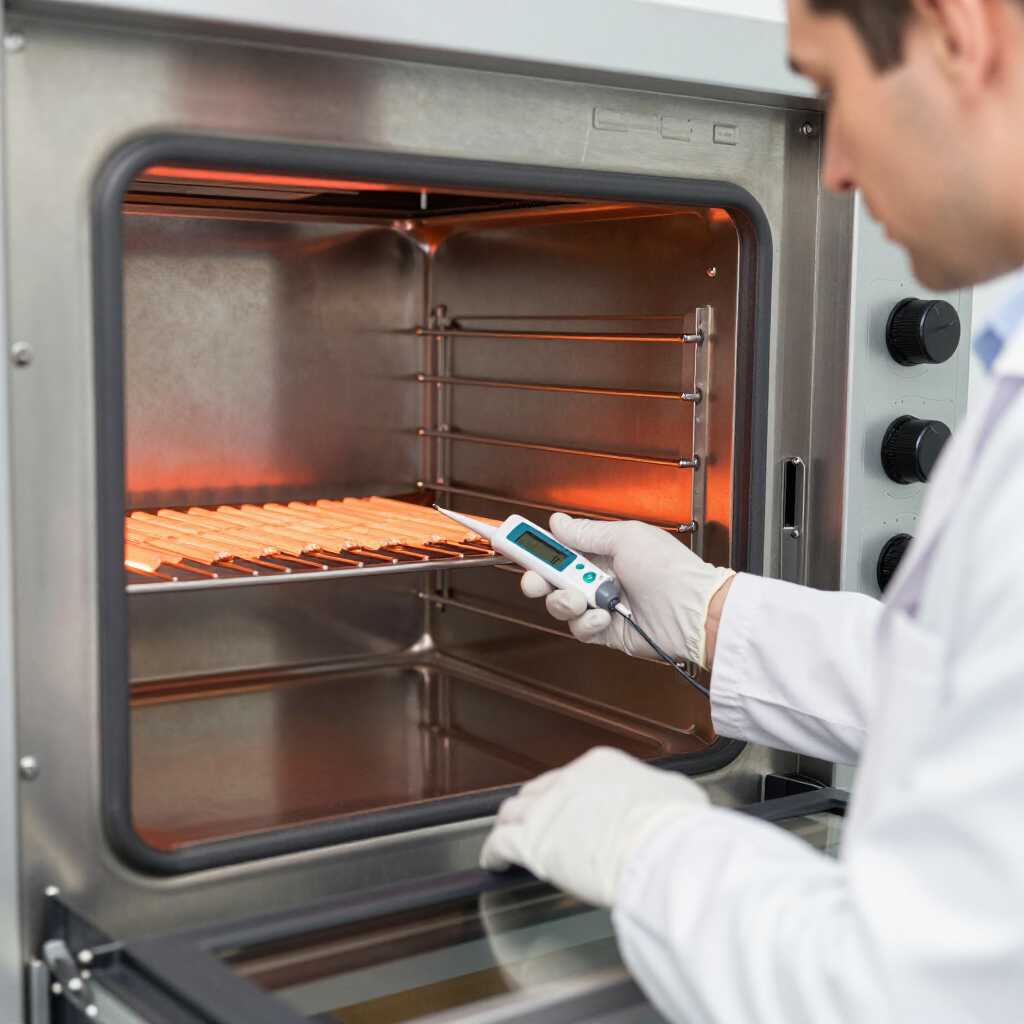 A lab technician in a white coat and gloves uses a digital thermometer to measure the temperature inside an oven.