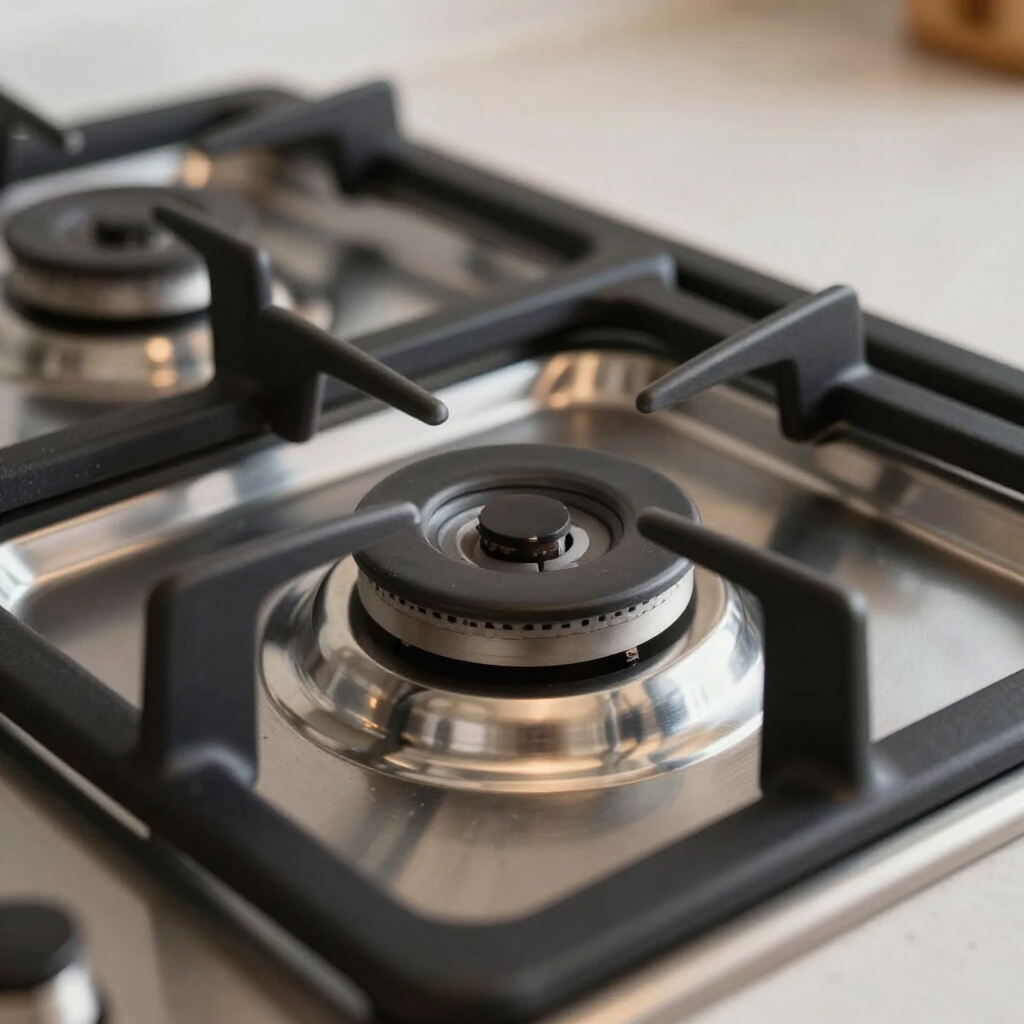 A close-up of a clean stainless steel gas stovetop with black cast-iron burner grates.