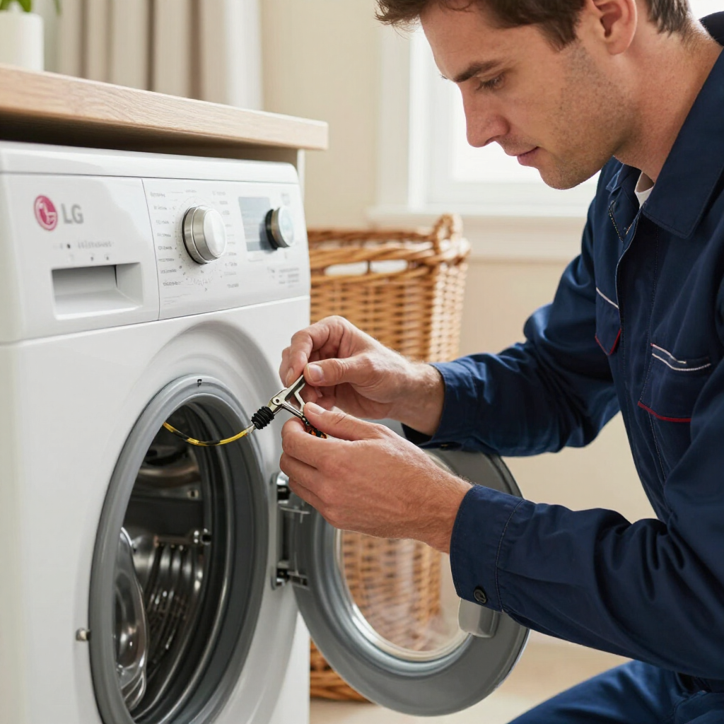 A technician in a blue uniform uses a tool to inspect the door seal of a white LG front-loading washing machine.
