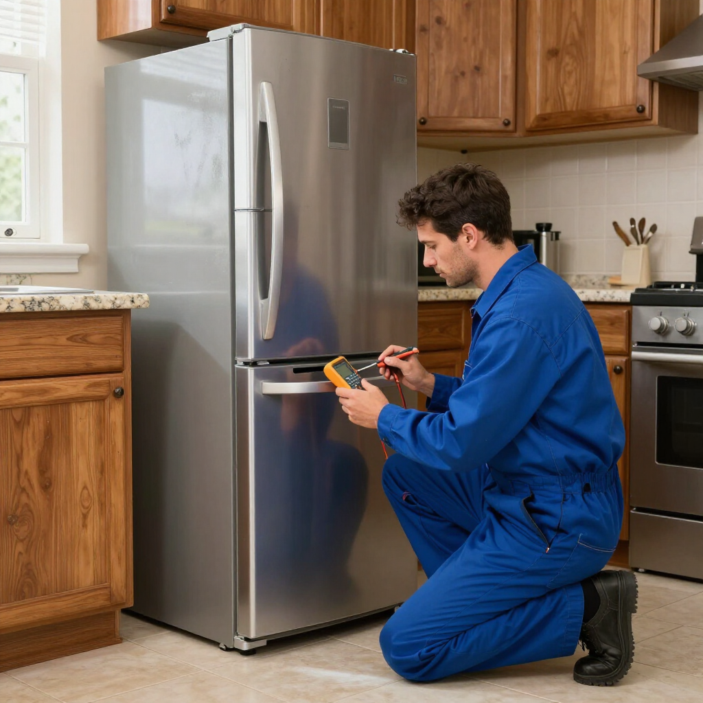 A repair technician in a blue uniform kneels in a kitchen while using a digital multimeter on a stainless-steel fridge.