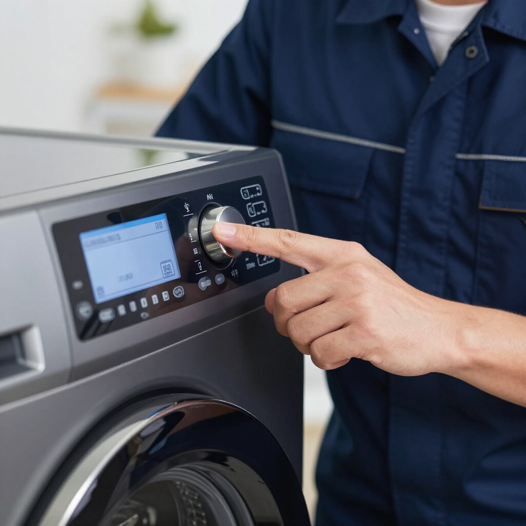 A person in a blue uniform turns the dial on the control panel of a grey front-loading washing machine.