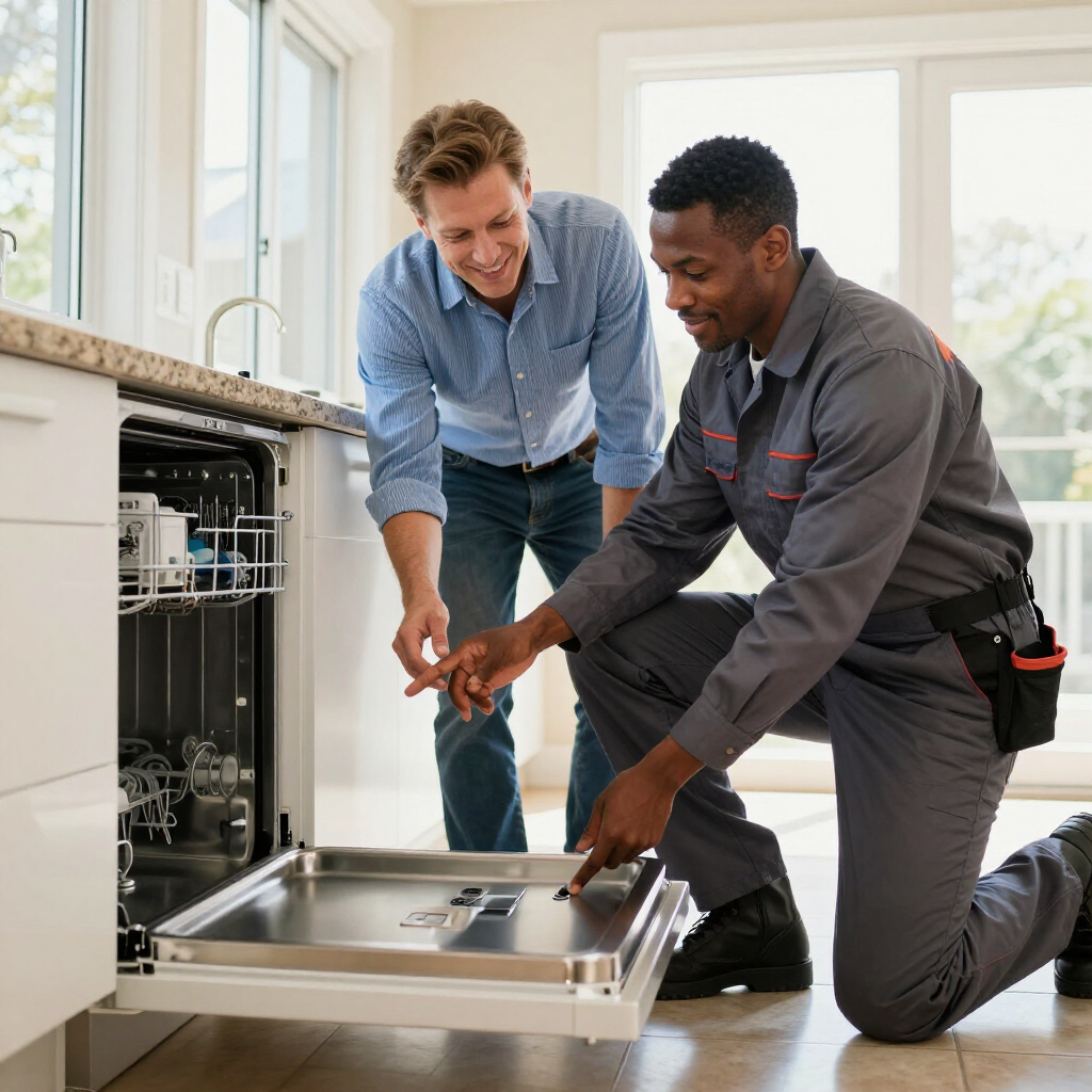 A technician in a grey uniform kneels to point inside an open dishwasher while a person in a blue shirt looks on.