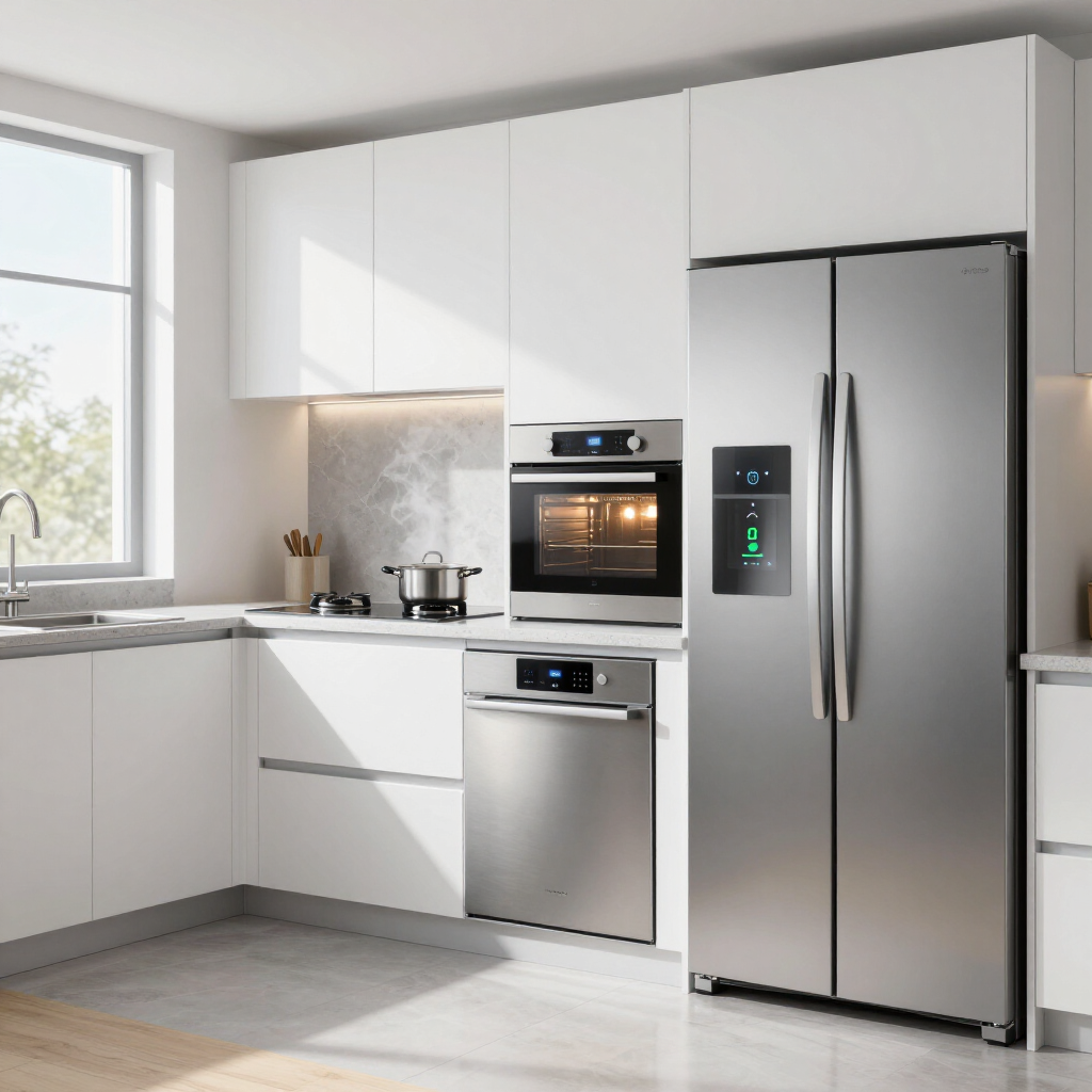 A modern kitchen featuring white cabinets, stainless steel appliances, including a large side-by-side refrigerator.