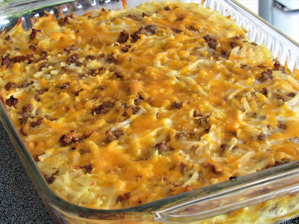 Breakfast casserole in glass baking dish