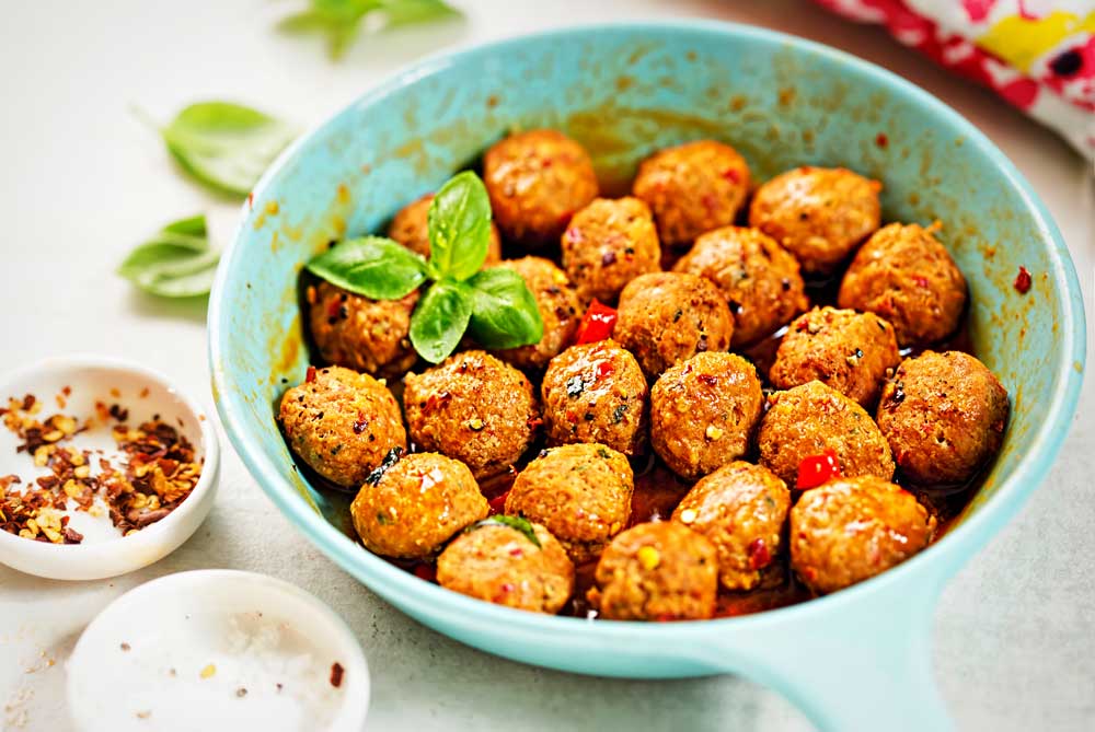Chorizo and vegetable meatballs with basil