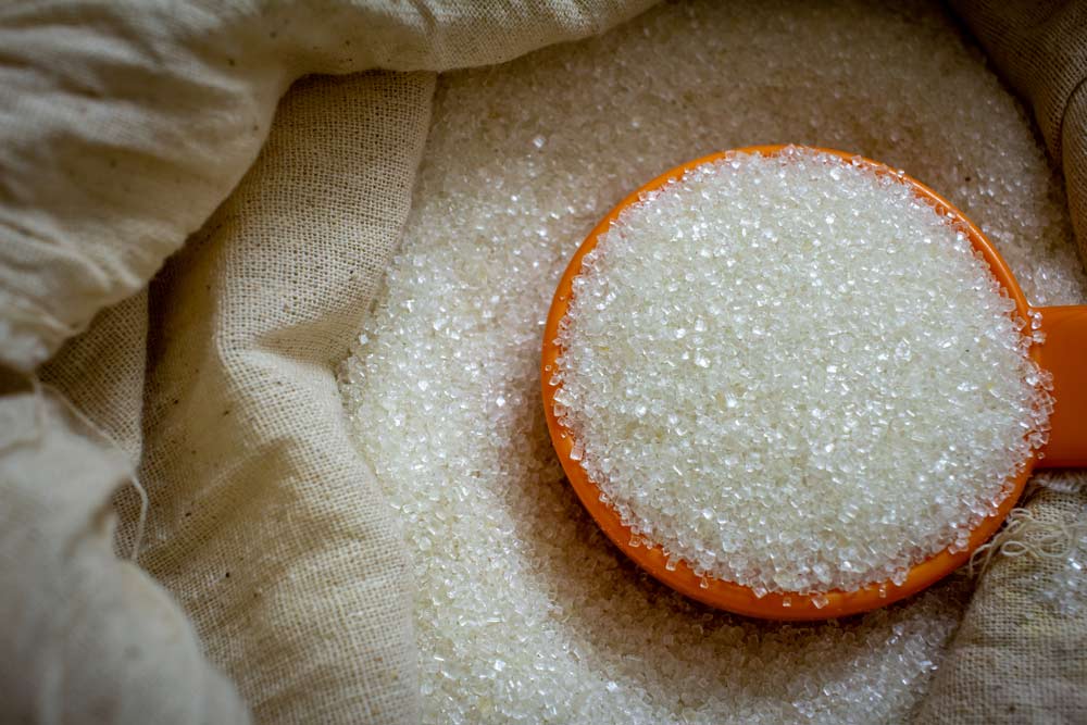 Granulated white cane sugar in a sack