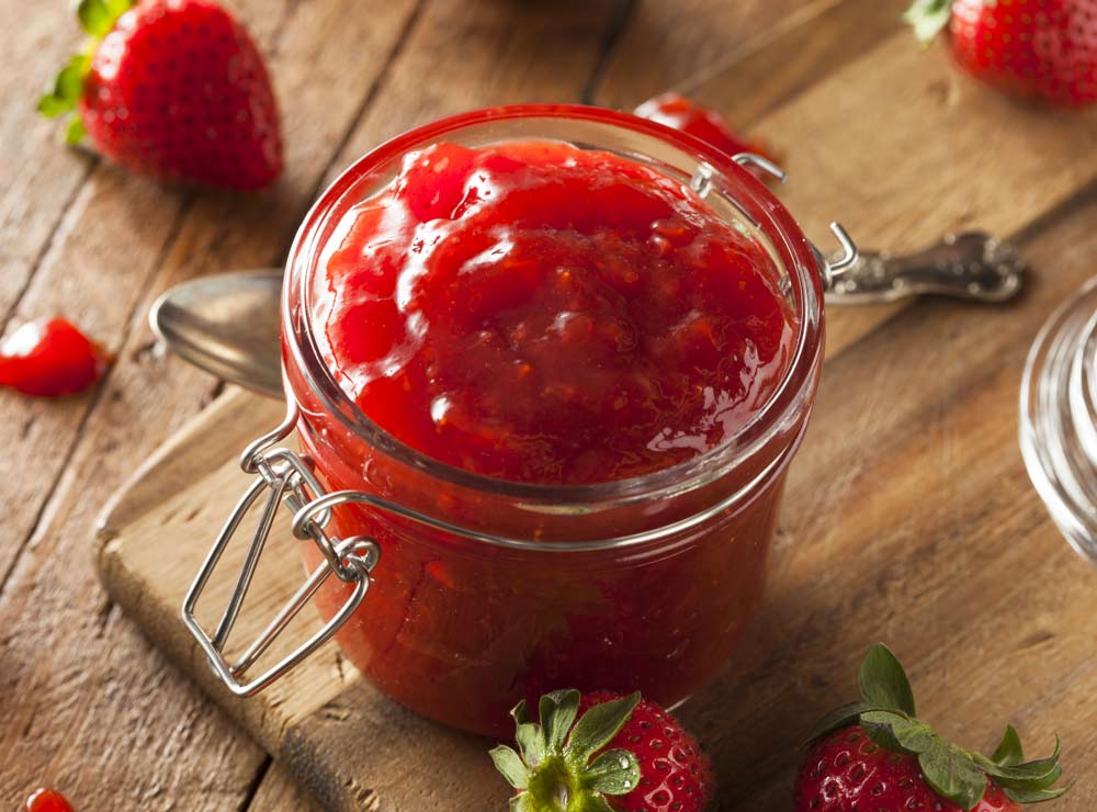Homemade organic strawberry jelly in a jar