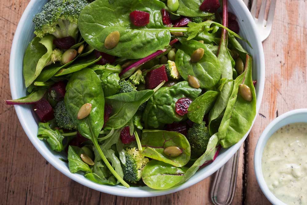 Mixed leaf salad with beetroot & pumpkin with creamy avocado dressing